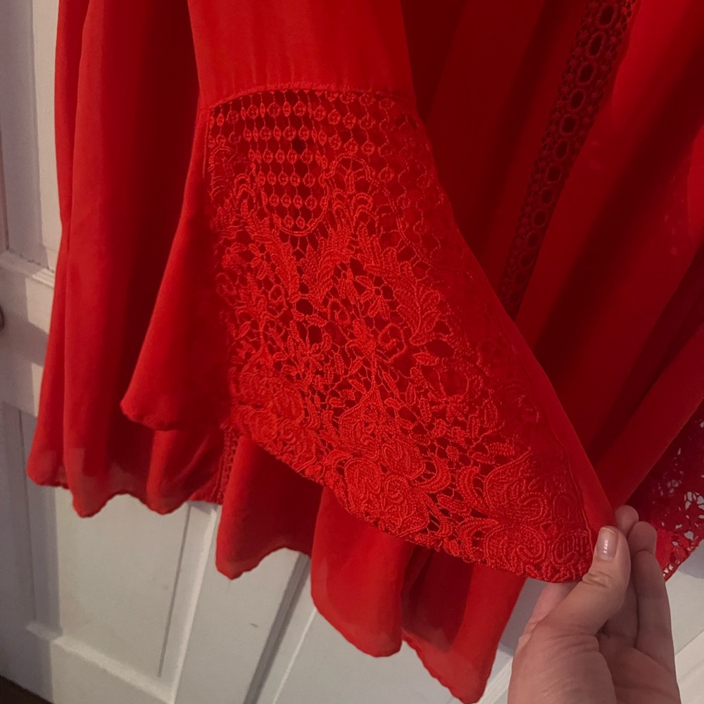Red chiffon lace large sleeve boho dress